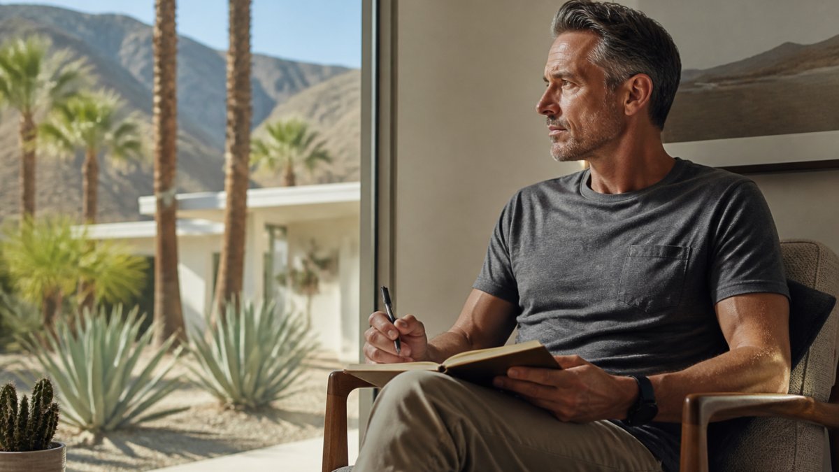 A man in his 40s sitting by a window with a journal and pen, pausing in quiet reflection with a calm, thoughtful expression, soft afternoon light