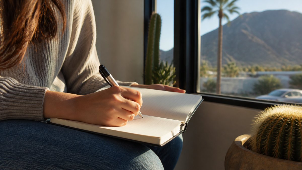 Person sitting by a sunny window with a notebook, pausing to reflect and rewrite patterns of negative self talk.