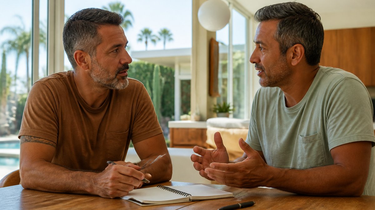 A same-sex male couple sitting at a kitchen table with a notebook and two pens, talking calmly face to face in warm morning light