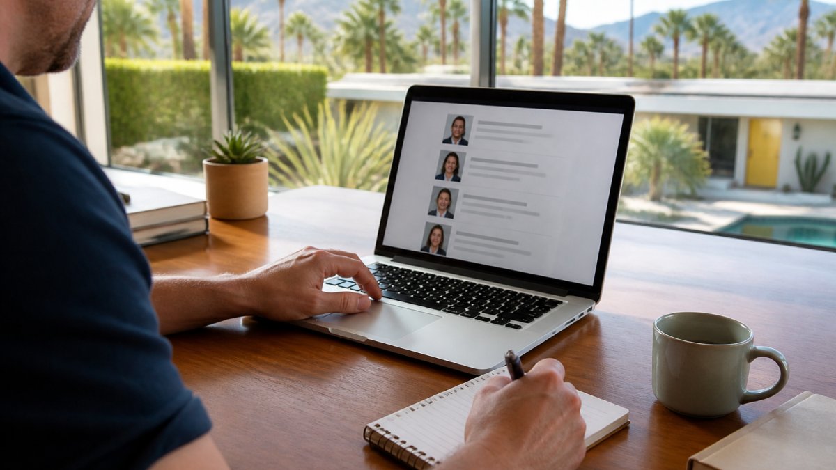 A person sitting at a desk with a laptop and notebook, reviewing a shortlist of therapists on screen, with a calm home studio in the background