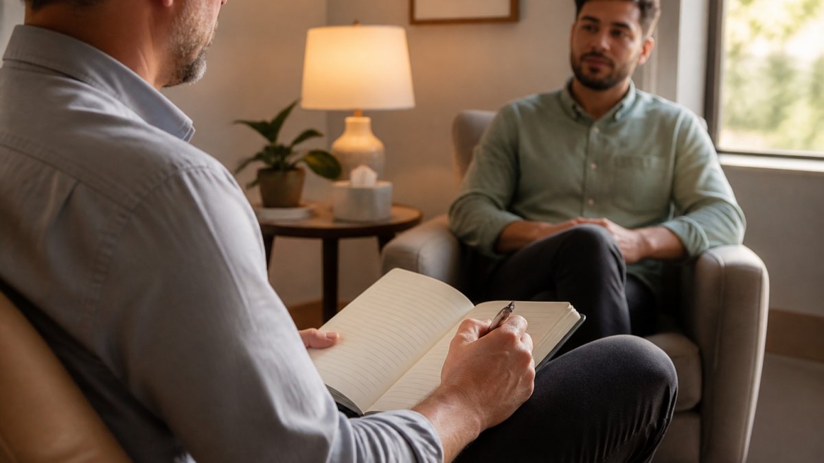 Therapist and client in a warm office discussing identity and self during a therapy session